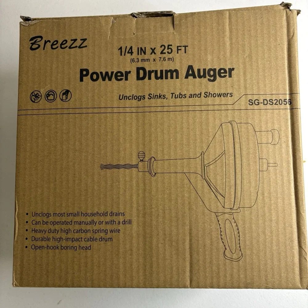 Breezz Power Drum Auger 1/4 x 25 Ft‎ Tool to Unclog Drains in Sink Tubs Showers